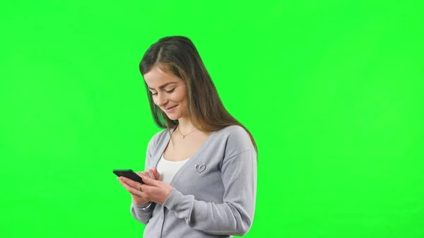 Green Screen Woman Touch Screen Phone — Stock Photo, Image
