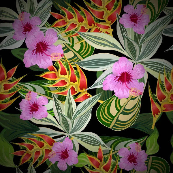Nahtloses Muster Mit Tropischen Blättern Und Blüten — Stockvektor