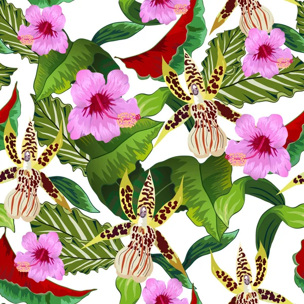 熱帯の葉や花とシームレスなパターン — ストックベクタ