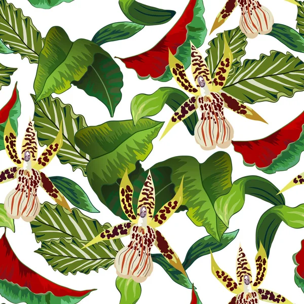 Patrón Sin Costuras Con Hojas Flores Tropicales — Archivo Imágenes Vectoriales