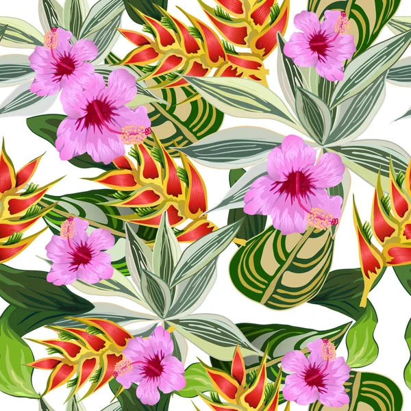 Motif Sans Couture Avec Feuilles Fleurs Tropicales — Image vectorielle