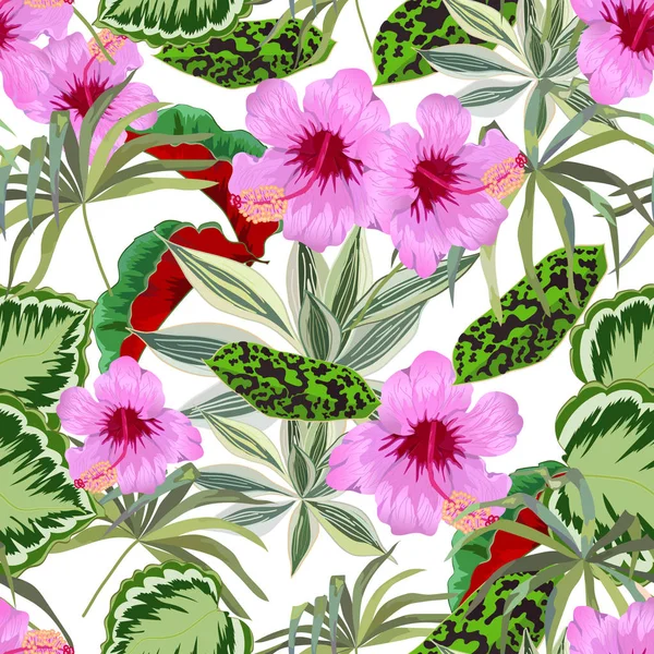 seamless pattern with tropical leaves and flowers