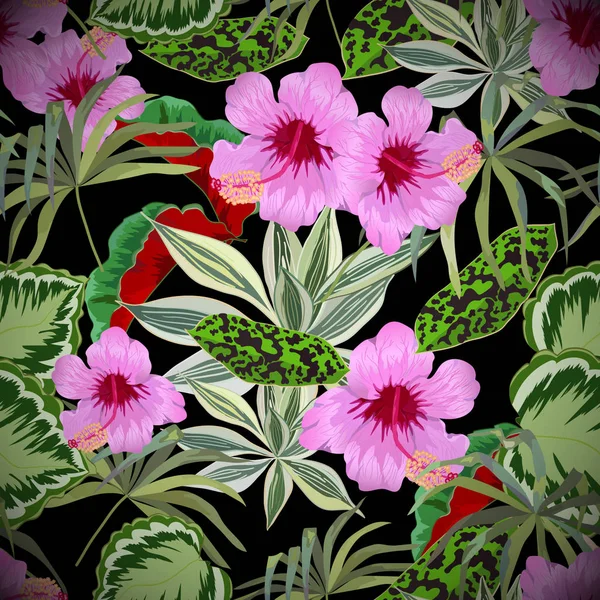 Motif Sans Couture Avec Feuilles Fleurs Tropicales — Image vectorielle