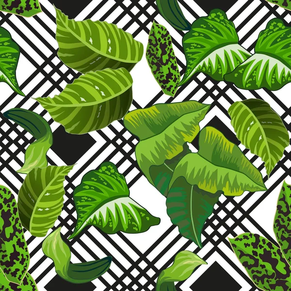 熱帯の葉とシームレスなパターン — ストックベクタ