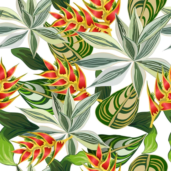 Motif Sans Couture Avec Feuilles Fleurs Tropicales — Image vectorielle