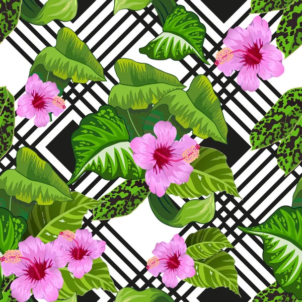 热带叶和花的无缝图案 图库插图