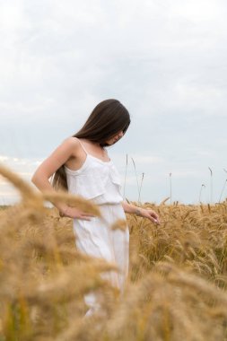 Beyaz yaz elbiseli bir kız buğday tarlasında duruyor
