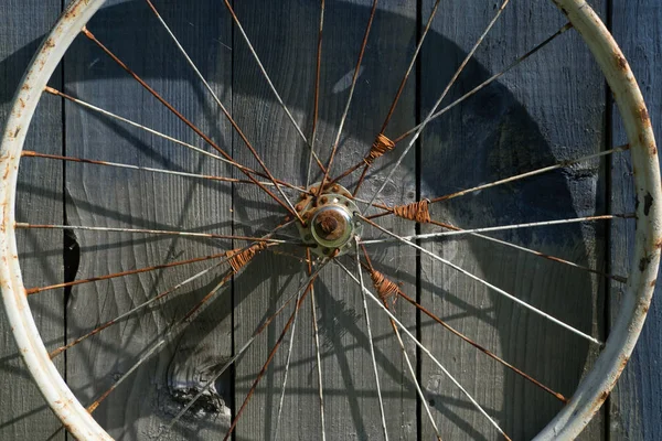 Roda velha de uma bicicleta em um fundo de madeira — Fotografia de Stock