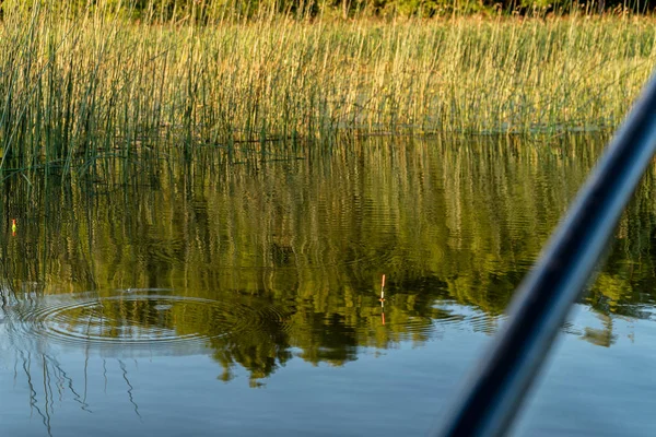 Rod e flutuador. Pesca no lago — Fotografia de Stock
