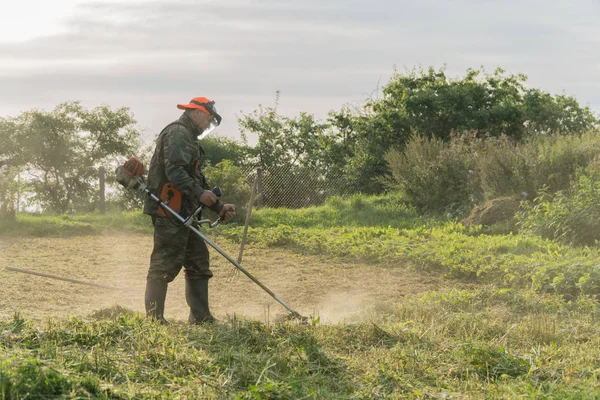 Bir adam bahçede çim makası ile mows. — Stok fotoğraf