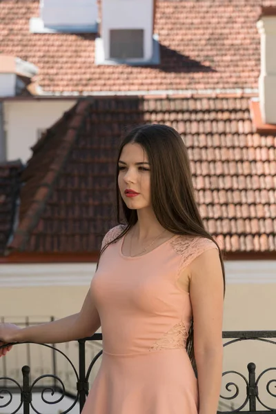 Kiremitli çatıları çerçevede bir güneşli yaz gününde sahte bir çit yakınında güzel bir eski sokakta güzel bir kız duruyor