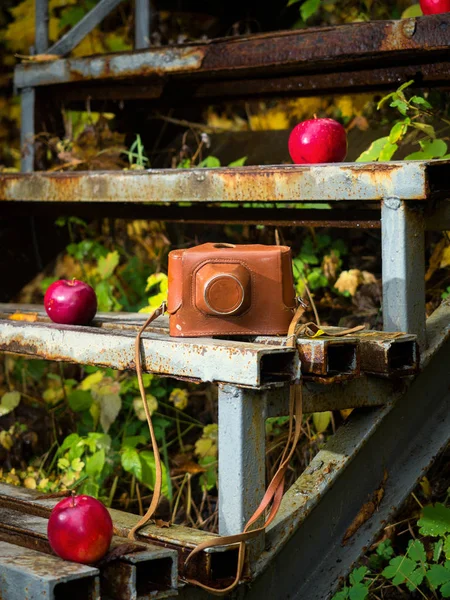 Vintage kamera på rostiga trappor med röda äpplen — Stockfoto