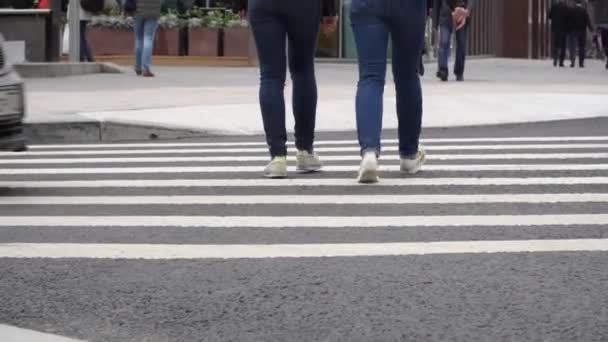 Orang-orang menyeberang jalan pada penyeberangan pejalan kaki — Stok Video