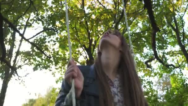 Uma menina está montando em um balanço no parque. A câmera se move de baixo para cima . — Vídeo de Stock