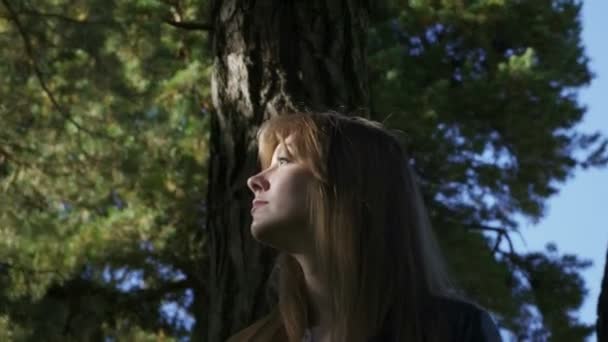 A beautiful girl wanders through the forest. The girl was lost. In the background, the sky. — Stock videók