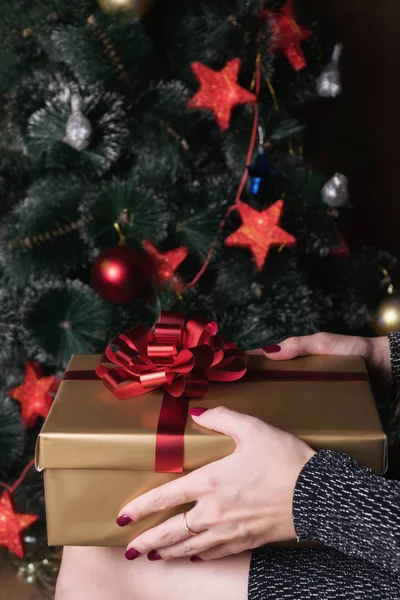 Bir kız bir hediye, bir Noel ağacın altında oturup tutuyor