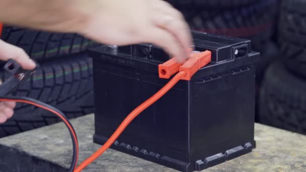 Male Hand Connects Terminals Car Batteries Man Throws Removes Terminals — Stock Video