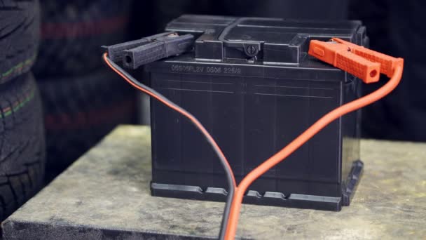 Die Männliche Hand Verbindet Die Klemmen Mit Den Autobatterien Ein — Stockvideo