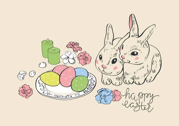 复活节快乐。兔子兔兔子和鸡蛋。挂漆的鸡蛋。贺卡。柳条篮子鸡蛋。矢量插图 — 图库矢量图片