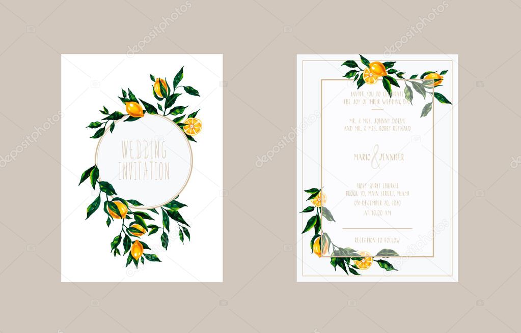 Wedding cards invitation with lemon branches