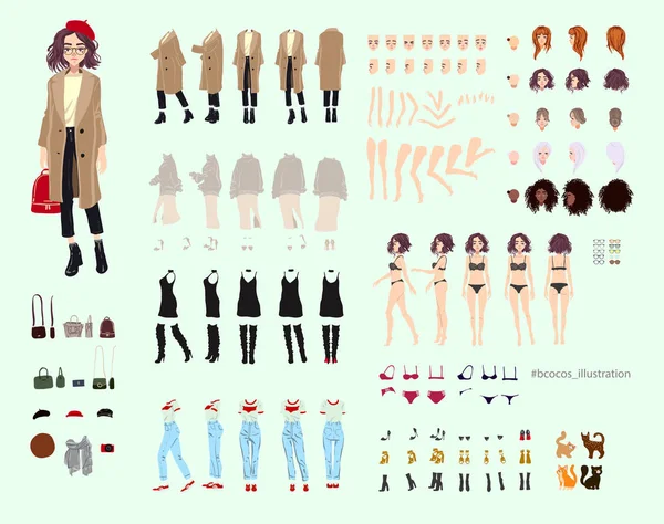 Κίνηση χαρακτήρα. Νεαρή κοπέλα κατασκευή χαρακτήρα. Γυναίκα διαφορετικές στάσεις, χτένισμα, πρόσωπο, πόδια, χέρια, ρούχα, Αξεσουάρ συλλογής. Καρτούν εικονογράφηση φορέα. — Διανυσματικό Αρχείο
