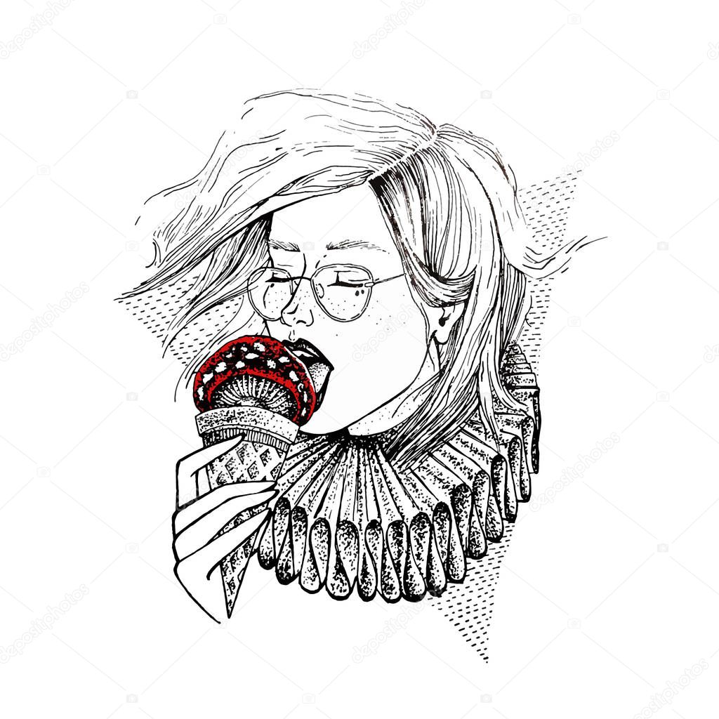 Hand drawn girl in glasses eat mushroom in view of icecream. Poison eat. Vector sketch illustration. Tattoo theme.