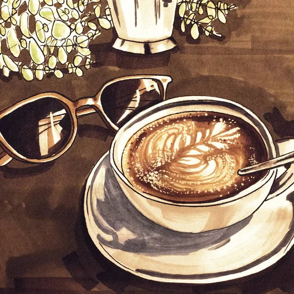 Coffee in the cup on table. Hand drawn watercolor breakfast. Coffee cup with sunglasses.
