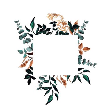 Elle çizilmiş suluboya çiçekli çerçeve. Yumuşak yeşil. Düğün davetiyesi, tebrik kartı, ostcard ve diğerleri.