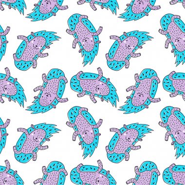 Garip kirpi sorunsuz. Şirin eğlenceli bir karakter. Vektör seamles desen. Mavi ve mor.