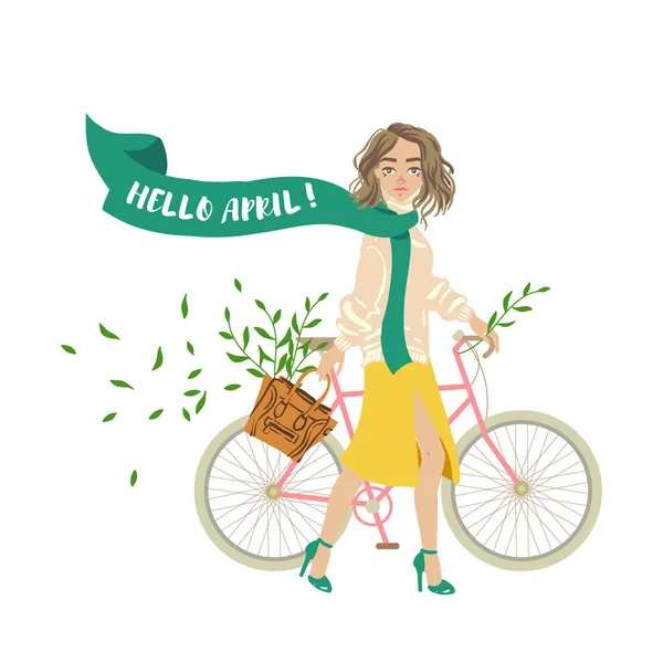 Olá April Girl com bicicleta. Cartão postal Primavera . — Vetor de Stock
