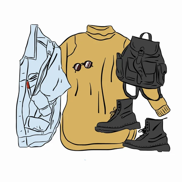 Dibujo vectorial real mirada primavera otoño. conjunto de ropa de calle vestido de punto, chaqueta vaqueros, botas, mochila, gafas — Archivo Imágenes Vectoriales