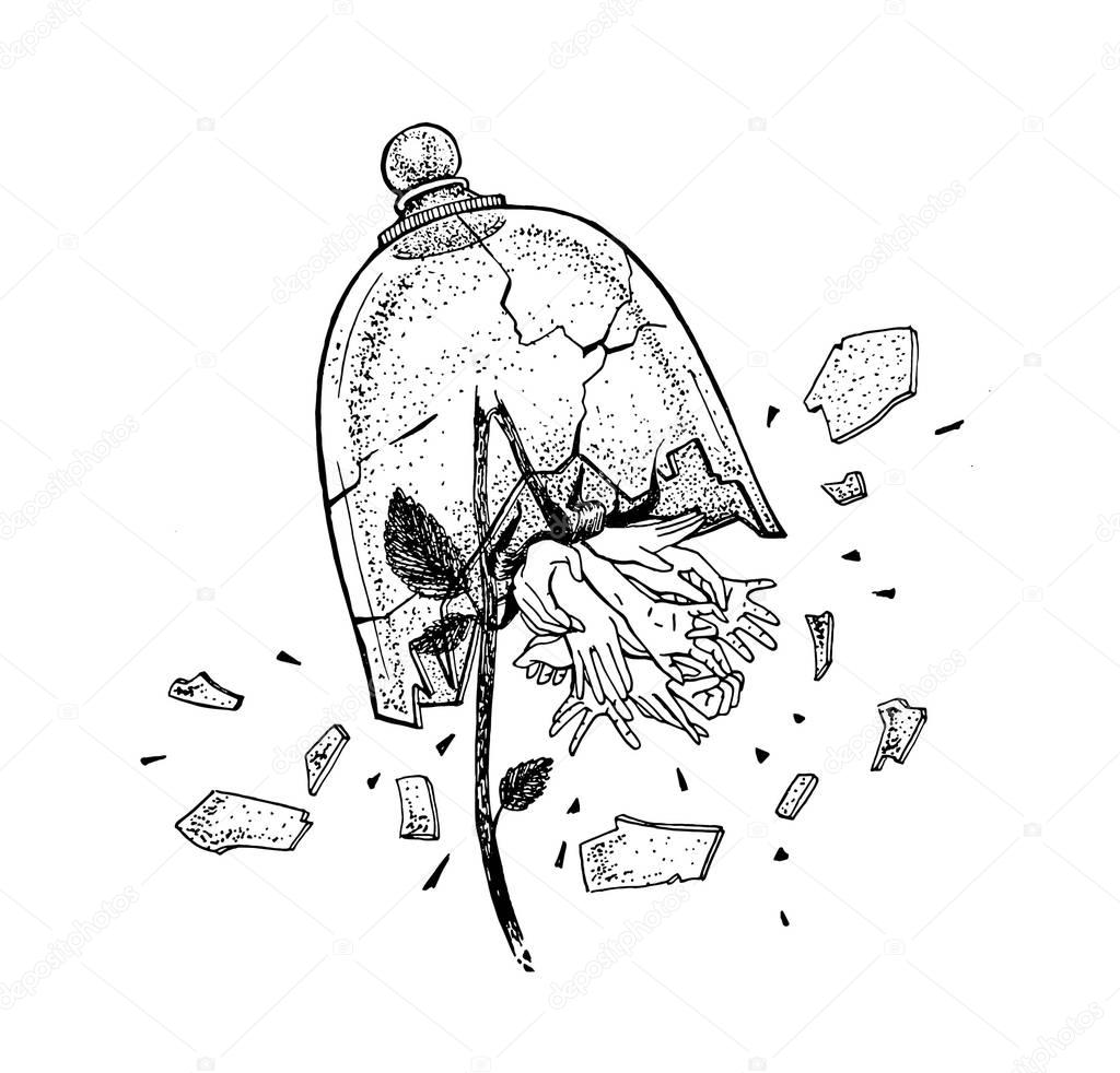 Hand drawn broken wild rose in view of hands under the glass. Tattoo theme. Vector sketch illustration.