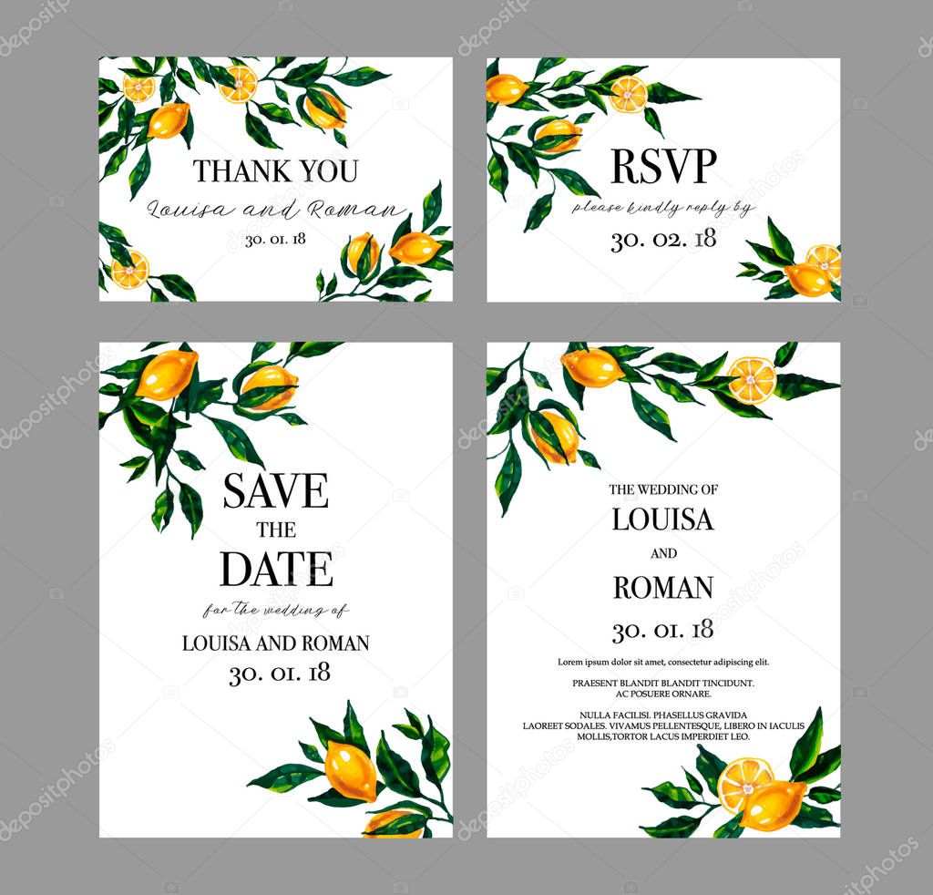 Set of wedding cards. Hand drawn watercolor lemon branches on white. Template for invitation, greeting card, thank you card, save the date.