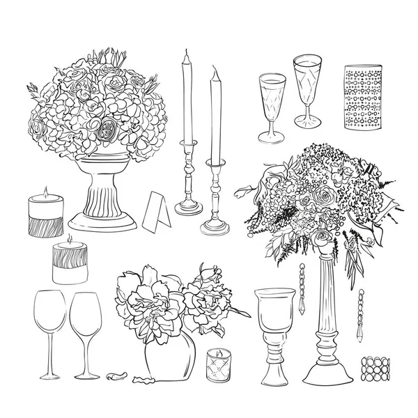 Conjunto de decorações de casamento e objetos. Conjunto de vetor de tinta. Flores desenhadas à mão em vaso . — Vetor de Stock