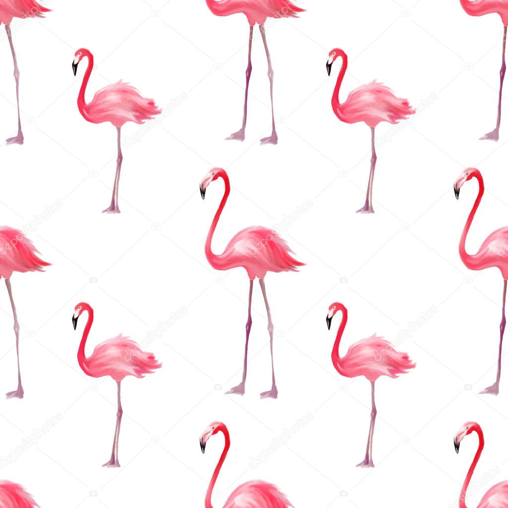 Seamless pattern with pink flamingo. Purple bird background. Good for textile, greeting card, t-shirt print and other design.