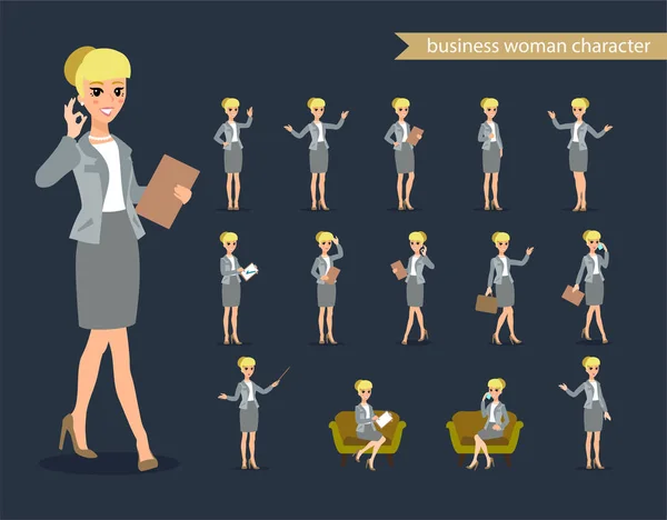 Juego de personajes de empresaria. Personaje animado. Constructora de personajes femeninos. Distintas posturas de mujer. Personaje conjunto de vectores . — Archivo Imágenes Vectoriales