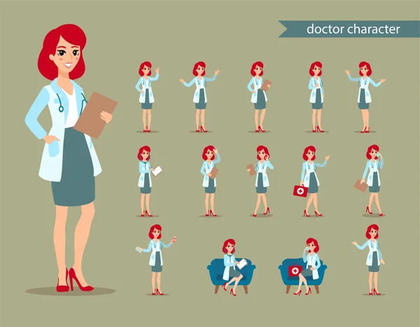 Çekici doktor. Komik karakter tasarımı. İllüstrasyon karikatür. Sağlık kavramı yaratıcısı. Kadın doktor şahsiyet.