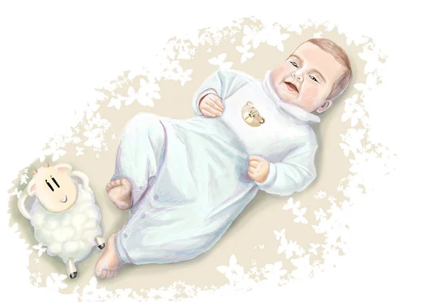 Bayi kecil yang manis tersenyum dengan piyama biru berbaring di tempat tidur dengan domba yang gemuk. Ilustrasi gambar tangan dengan warna-warna lembut. Terisolasi pada latar belakang putih . — Stok Foto