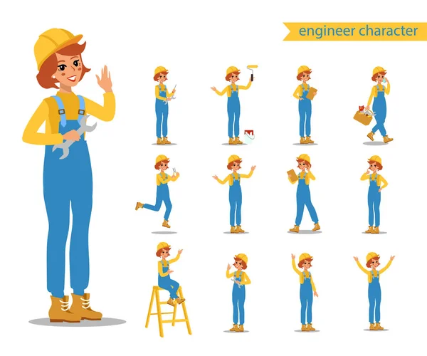 Construção projeto do vetor do caráter do trabalhador feminino. Personagem animada. É uma pessoa divertida. Isolado sobre fundo branco . — Vetor de Stock