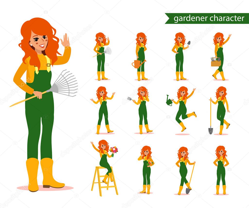 Attractive gardener. Funny character design. Cartoon illustration. Garden care concept creator. Female groundskeeper personage.