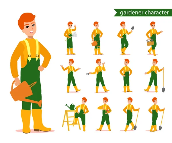 Attractive gardener. Funny character design. Cartoon illustration. Garden care concept creator. Female groundskeeper personage. — Stock Vector