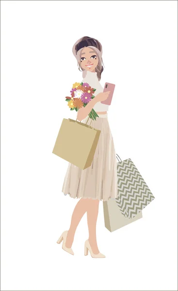 Mooie vrouw gaan winkelen met tassen en gevoel geluk op witte achtergrond. Schattig vector vrouwelijke personage. Zachte kleuren afbeelding. — Stockvector