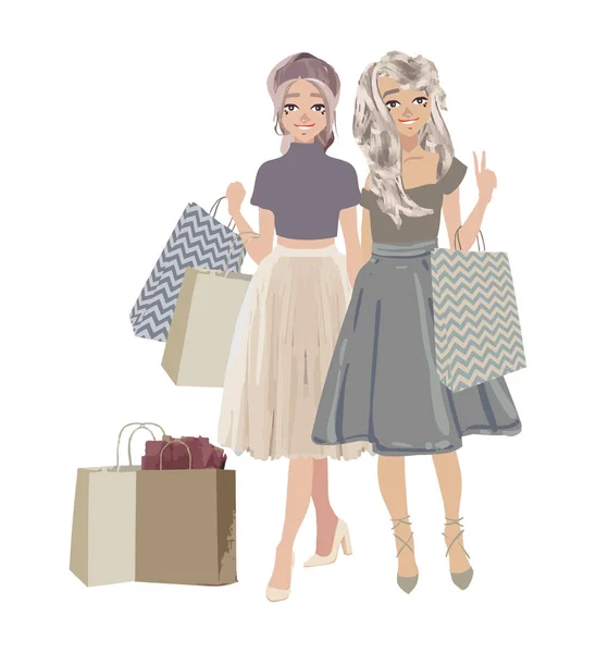 Mulher bonita ir às compras com sacos e sentir a felicidade no fundo branco. Bonito personagem de desenho animado vetorial feminino. Cores suaves ilustração . — Vetor de Stock