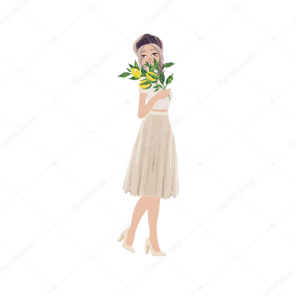 Beautiful woman, girls, friends standing, holding bunches of flowers, cartoon vector illustration isolated on white background. Happy smiling girls, women, friends holding bunches of flowers.