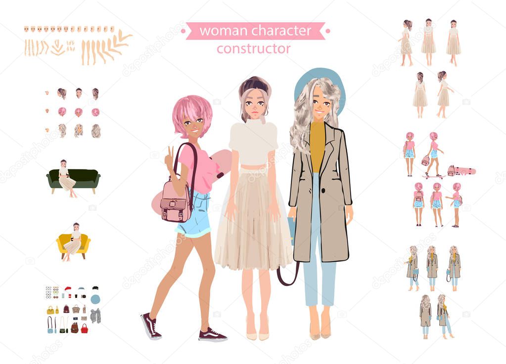 Animate woman character. Young lady personage constructor. Different postures, hairstyle, face, legs, hands, clothes, accessories collection. Set vector person. Girlfriends.Cartoon animated personas.