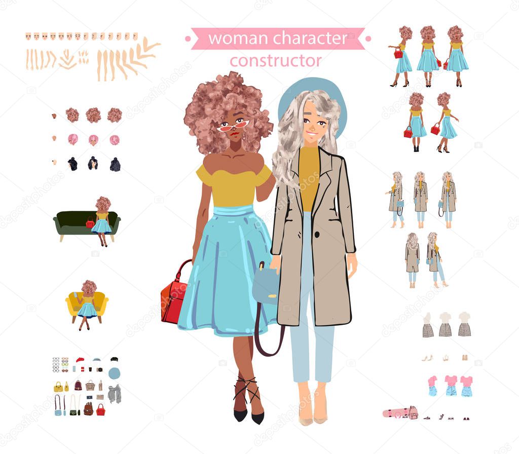 Animate woman character. Young lady personage constructor. Different postures, hairstyle, face, legs, hands, clothes, accessories collection. Set vector person. Girlfriends.Cartoon animated personas.