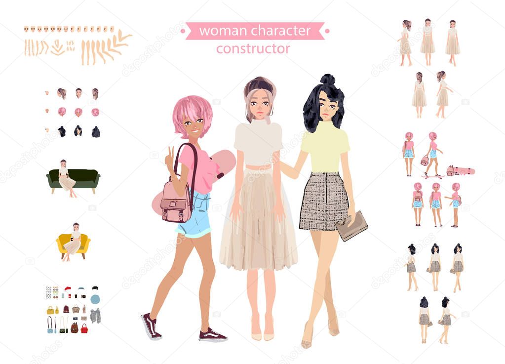 Animate woman character. Young lady personage constructor. Different postures, hairstyle, face, legs, hands, clothes, accessories collection. Set vector person. Girlfriends.Cartoon animated personas.