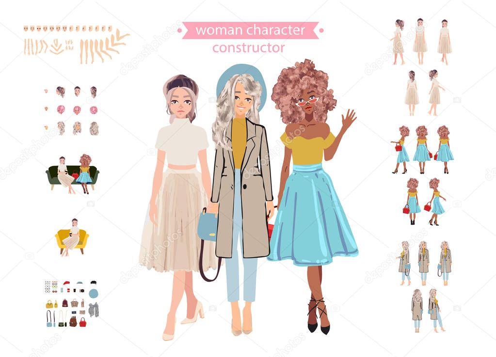 Animate woman character. Young lady personage constructor. Different postures, hairstyle, face, legs, hands, clothes, accessories collection. Set vector person. Girlfriends.Cartoon animated personas.