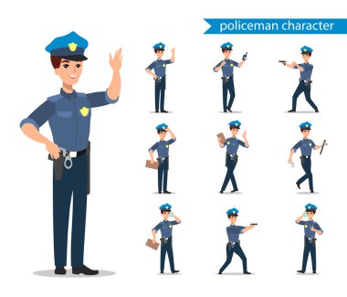 Polis karakter kümesi. Tam uzunlukta memur, farklı görünümler, duygular, jestleri, profesyonel araçlar ve öznitelikleri. Düz illüstrasyon karikatür. Beyaz arka plan üzerinde izole.