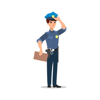 Polis karakter kümesi. Tam uzunlukta memur, farklı görünümler, duygular, jestleri, profesyonel araçlar ve öznitelikleri. Düz illüstrasyon karikatür. Beyaz arka plan üzerinde izole.